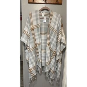Three Dots Shawl/Wrap One Size Cashmere Blend Gray /Tan Plaid fringe Hem Nwt